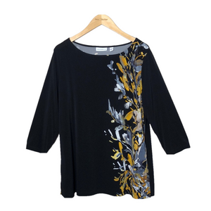 SUSAN GRAVER Liquid Knit Women Large Black Gold Artsy Tunic Travel 3/4 Sleeve